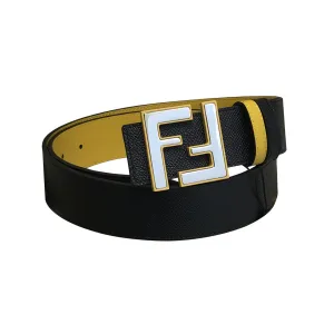 Fendi Men's Rounded FF Reversible Belt In Black/Yellow/Grey/Blue Calfskin With Silver Hardware 38MM