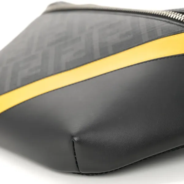 Fendi Century Logo FF 1974 Diagonal Belt Bag Black/Sunflower Glazed Fabric & Liberty Vitello Leather Silver Hardware - Image 5