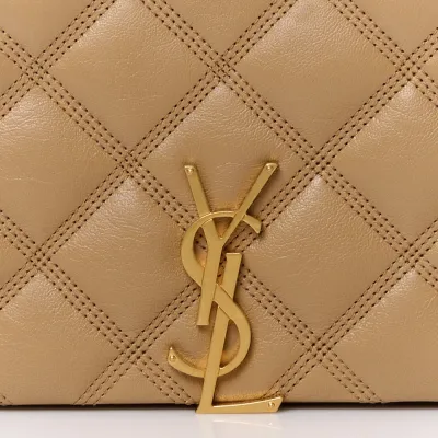 Saint Laurent Medium Becky Chain Wallet Natural Tan Diamond Quilted Lambskin Leather Gold Hardware