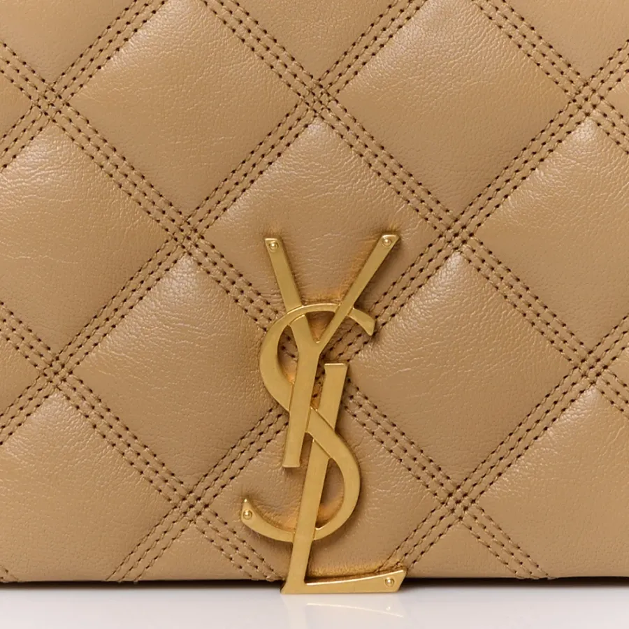 Saint Laurent Medium Becky Chain Wallet Natural Tan Diamond Quilted Lambskin Leather Gold Hardware