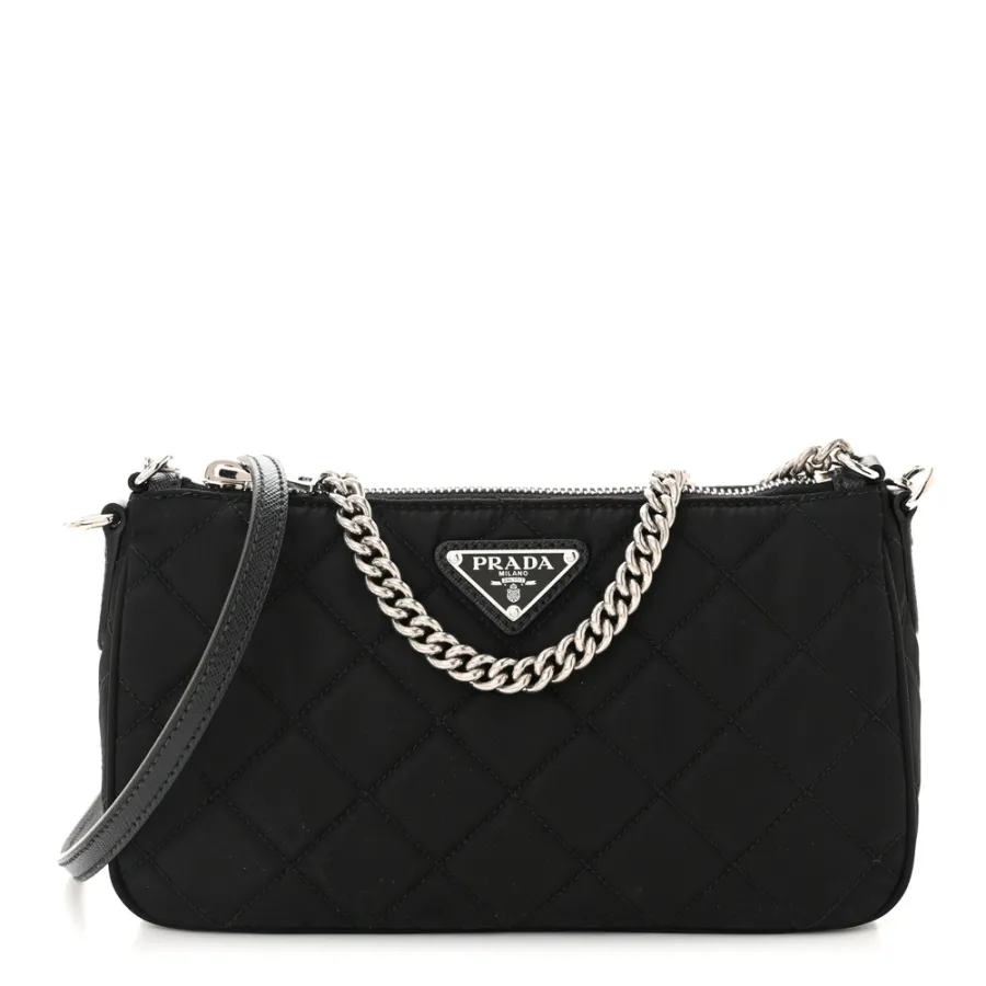 Prada Small Crossbody Bag Black Quilted Nylon Tessuto Impuntu Silver Hardware