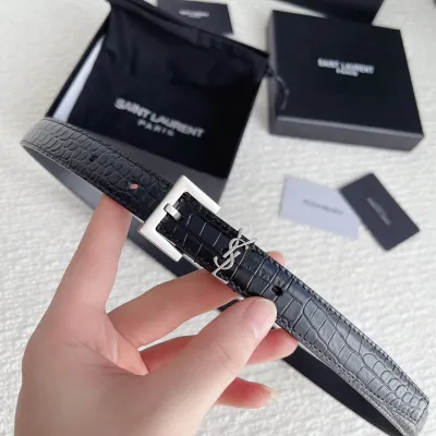 Saint Laurent Cassandre Belt In Black Crocodile-Embossed Calfskin With Gold/Silver/Black Hardware 20mm