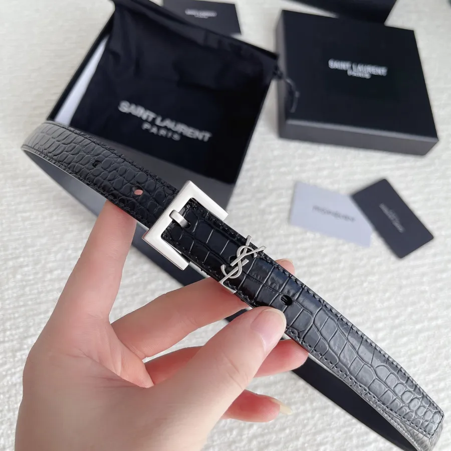 Saint Laurent Cassandre Belt In Black Crocodile-Embossed Calfskin With Gold/Silver/Black Hardware 20mm