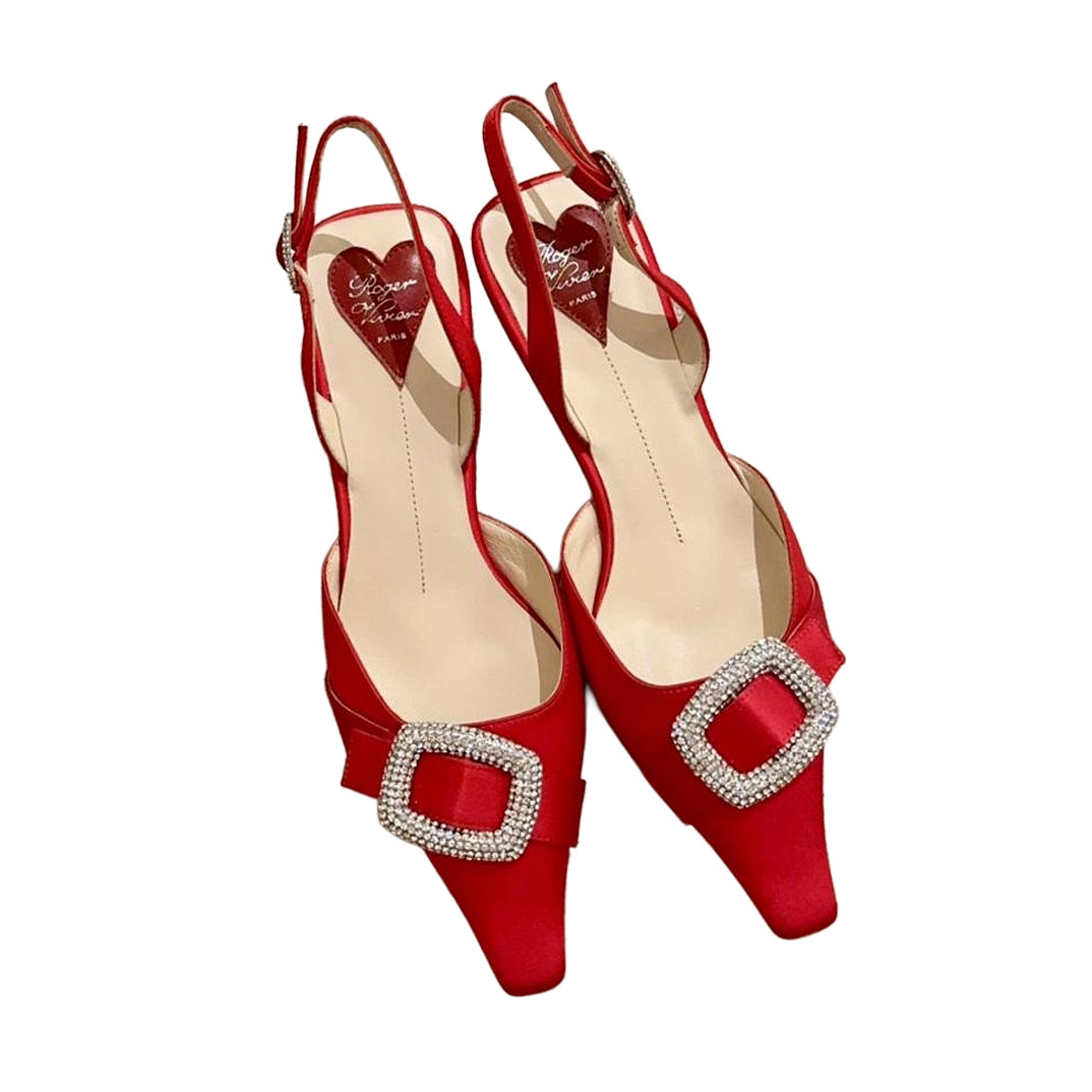 Roger Vivier Sapatilhas Viv'Canard de Salto Alto em Cetim Vermelho/Preto/Azul/Roxo com Fivela de Cristal (Altura do Salto 5,5cm)