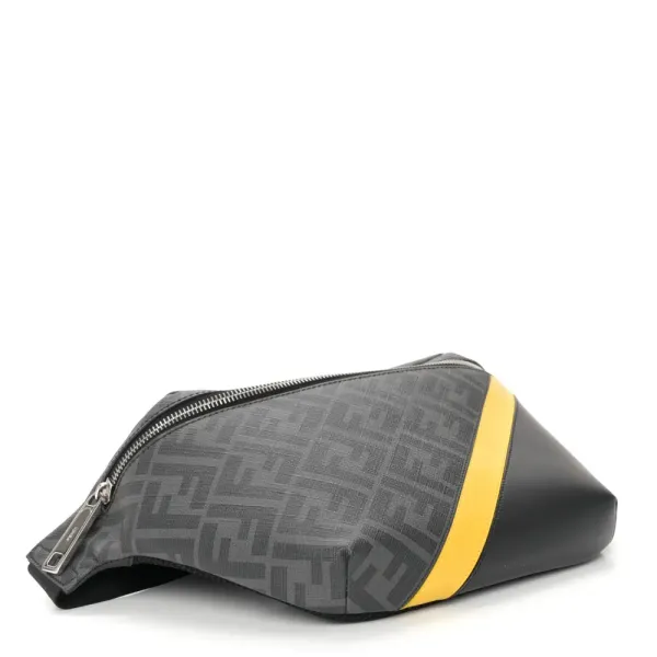 Fendi Century Logo FF 1974 Diagonal Belt Bag Black/Sunflower Glazed Fabric & Liberty Vitello Leather Silver Hardware - Image 6