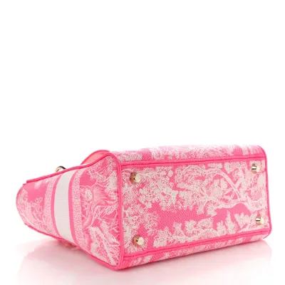 Dior Medium Toile De Jouy Lady D-Lite Fluorescent Pink Reverse Embroidered Canvas Gold Hardware