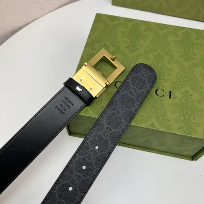 Gucci Men's Square G Buckle Reversible Belt In Black/Brown/Beige Monogram Calfskin And Canvas With Gold/Silver Hardware 25mm