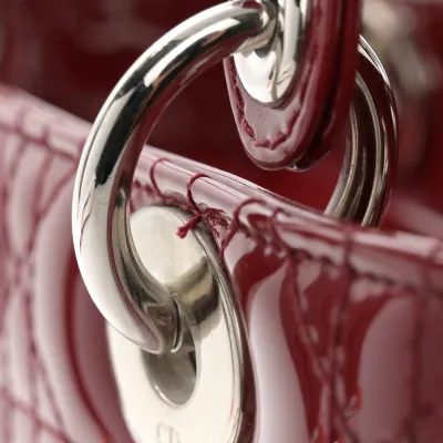 Dior Medium Lady Dior Dark Red Patent Cannage Calfskin Leather Silver Hardware