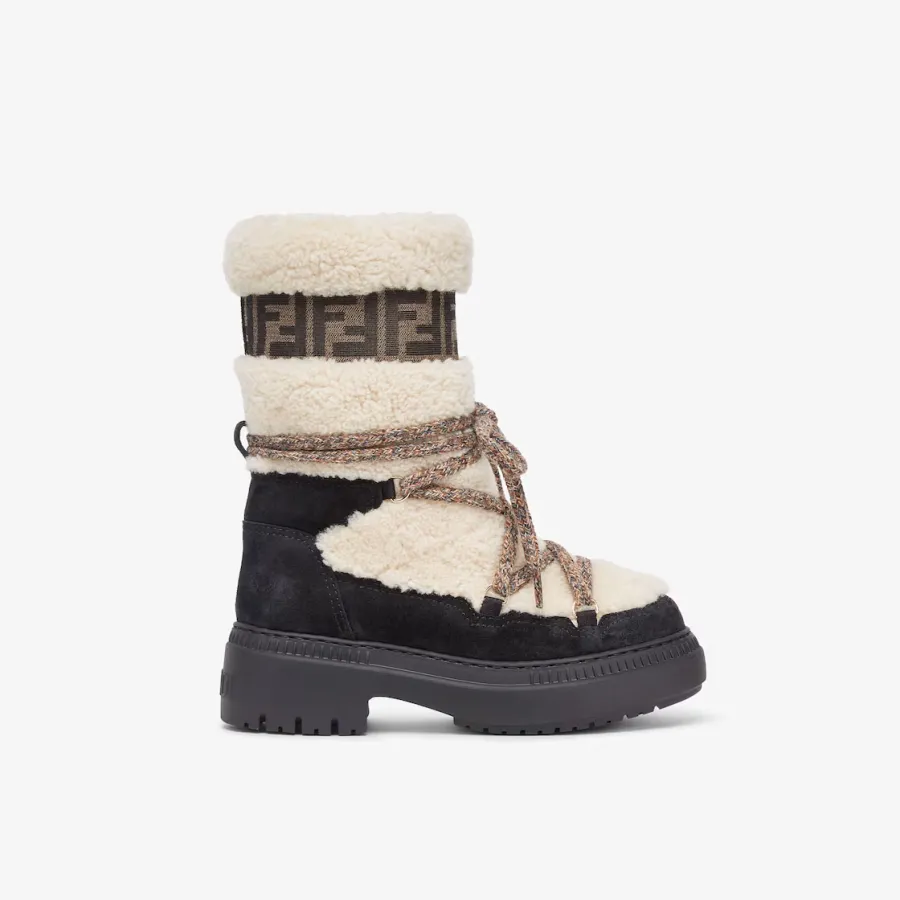 FENDI White sheepskin and black suede boots