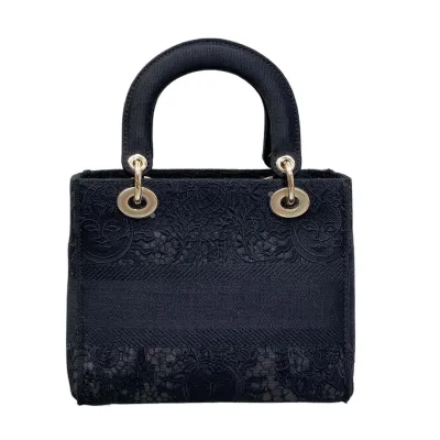 Dior Medium Lady D-Lite In White/Black Lace Embroidered Canvas Gold Hardware