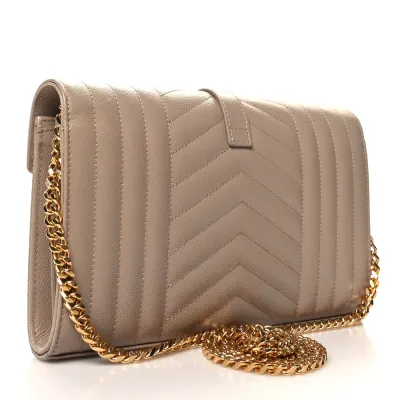 Saint Laurent Small Chain Wallet Dark Beige Triquilt Monogram Grain De Poudre Mixed Matelasse Leather Gold Hardware