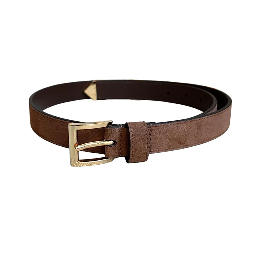 Prada Women' s Square Buckle Belt In Brown/Black Suede Calfskin With Gold/Silver Hardware 25mm