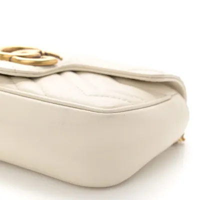Gucci Mini GG Marmont Shoulder Bag White Calfskin Matelassé Super Leather Aged Gold Hardware