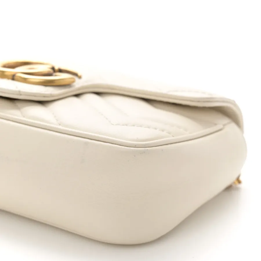 Gucci Mini GG Marmont Shoulder Bag White Calfskin Matelassé Super Leather Aged Gold Hardware