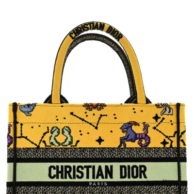 Dior Small Pixel Zodiac Book Tote Yellow Multicolor Embroidered Canvas
