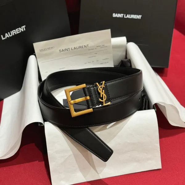 Saint Laurent Cassandre Belt In Black/Coffee Smooth Calfskin With Black/Gold/Silver Hardware 30mm - Image 9