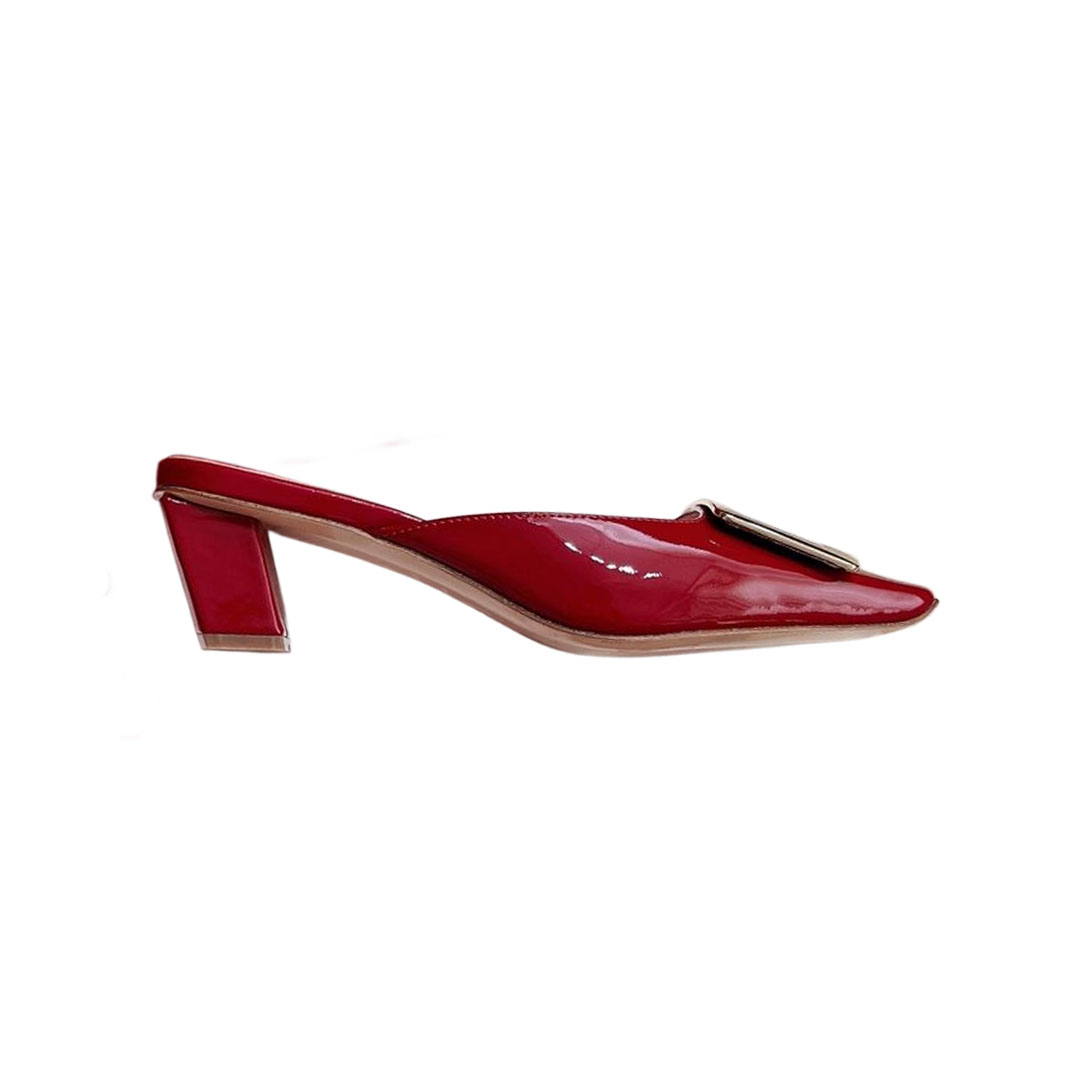Roger Vivier Belle Vivier Mules Sandálias Em Couro Verniz Vermelho/Cinza/Damasco/Bege/Rosa/Preto Com Fivela Metálica (Altura do Salto 4,5cm)