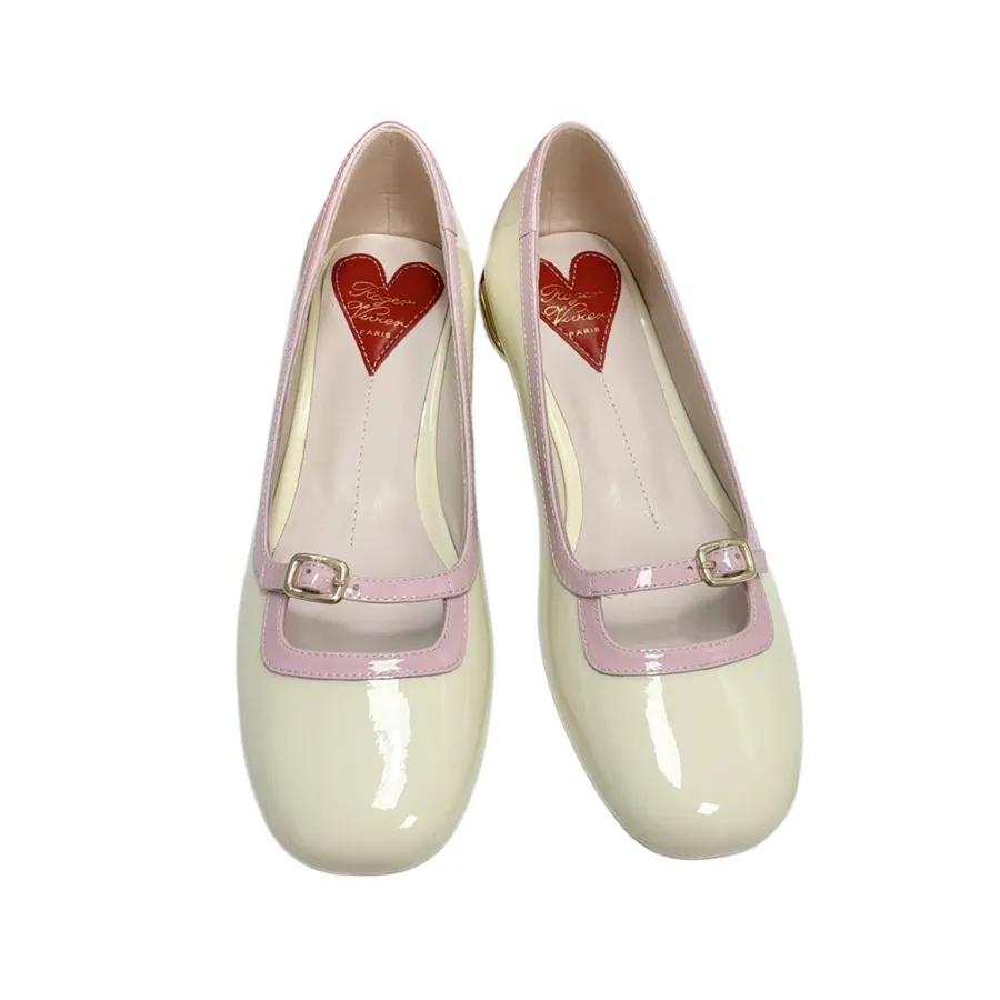 Roger Vivier Broche Vivier Ballerinas Flat Shoes In White/Black/Beige Patent Leather