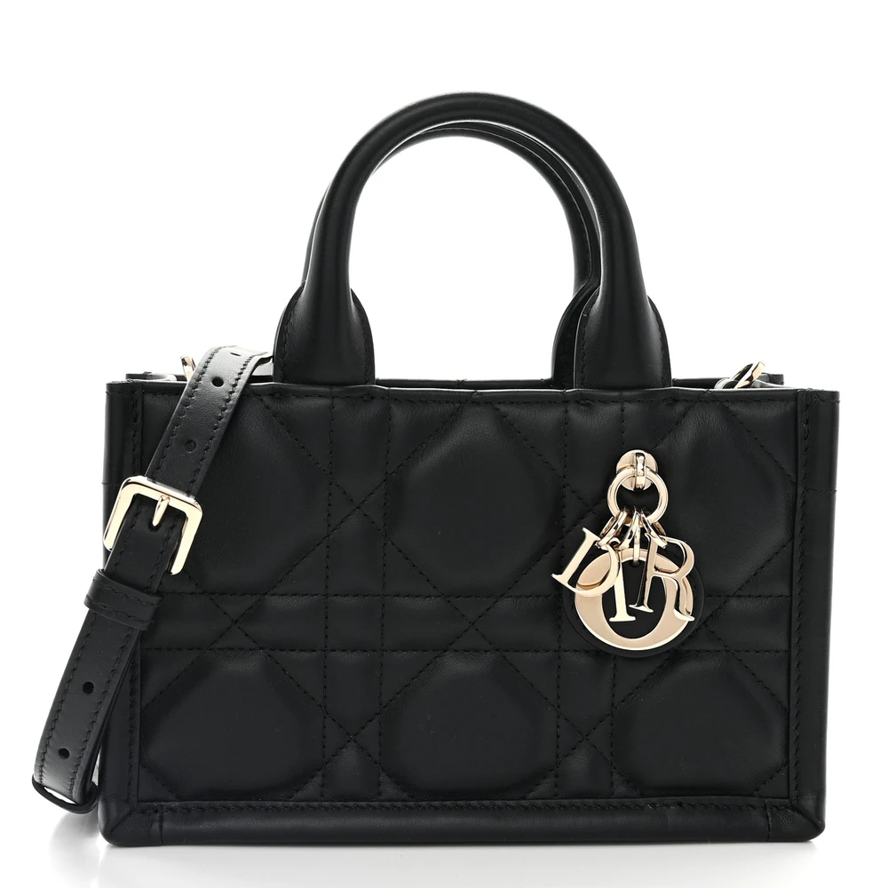 Dior Mini Book Tote Couro Bezerro Macrocannage Preto Hardware Ouro Claro