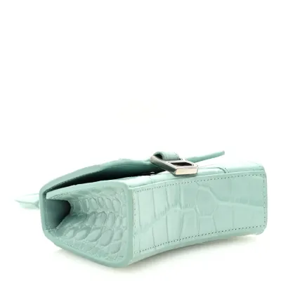 Balenciaga Hourglass Mini Top Handle Bag With Chain Green Acqua Crocodile Embossed Shiny Calfskin Leather