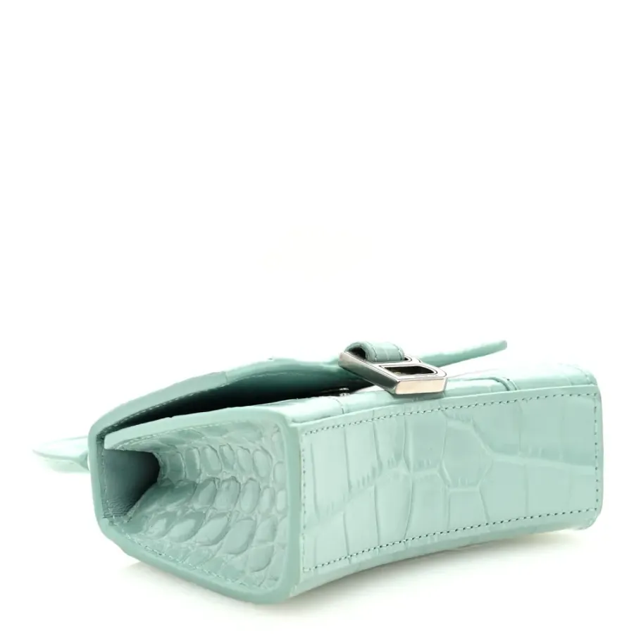 Balenciaga Hourglass Mini Top Handle Bag With Chain Green Acqua Crocodile Embossed Shiny Calfskin Leather