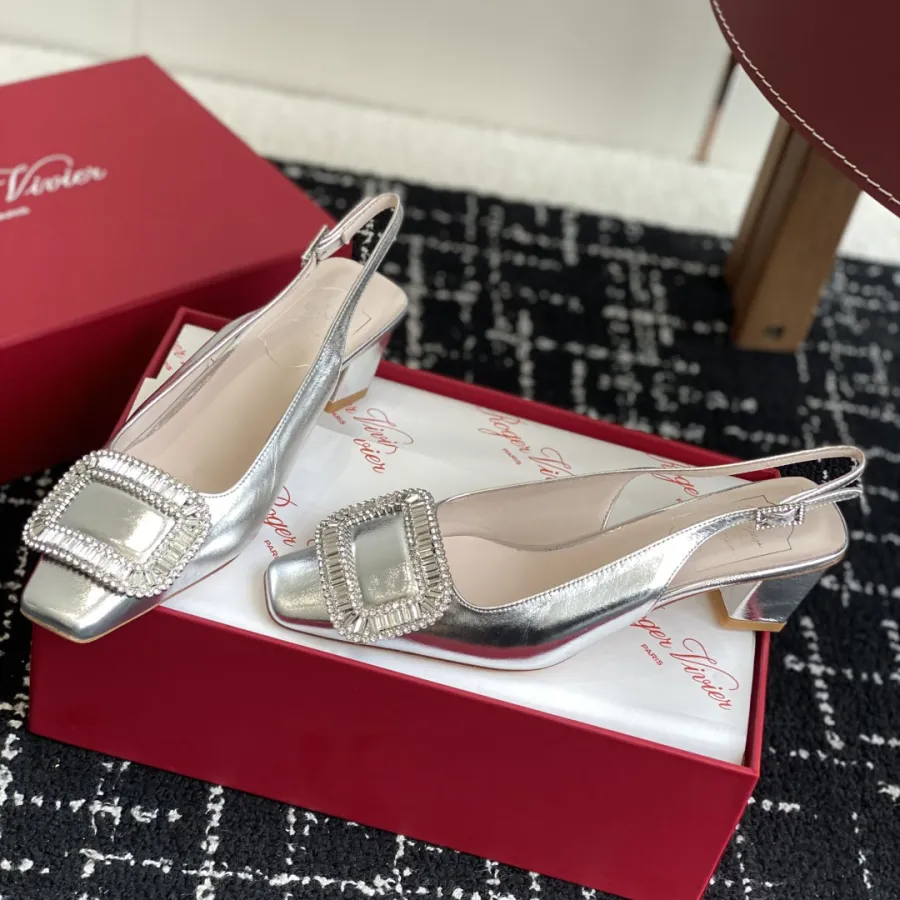 Roger Vivier Belle Viver Slingback Pumps High Heels In Silver Calfskin Leather With Crystal Buckle (Heel Height 4.5cm)