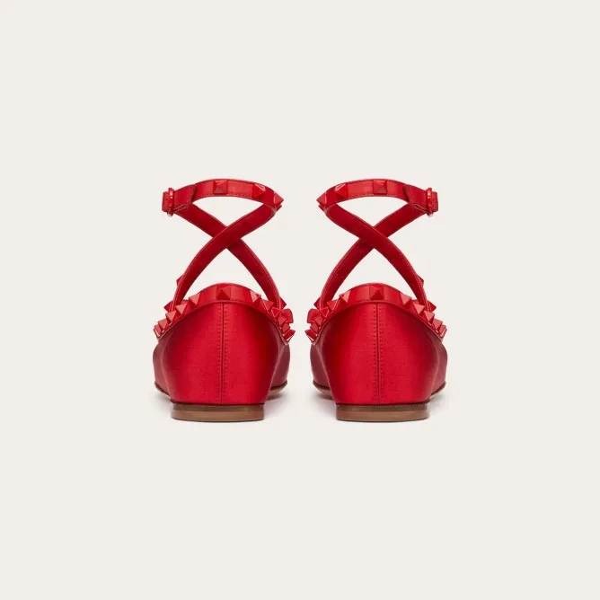 VALENTINO Rivet satin red ballet flats shoes