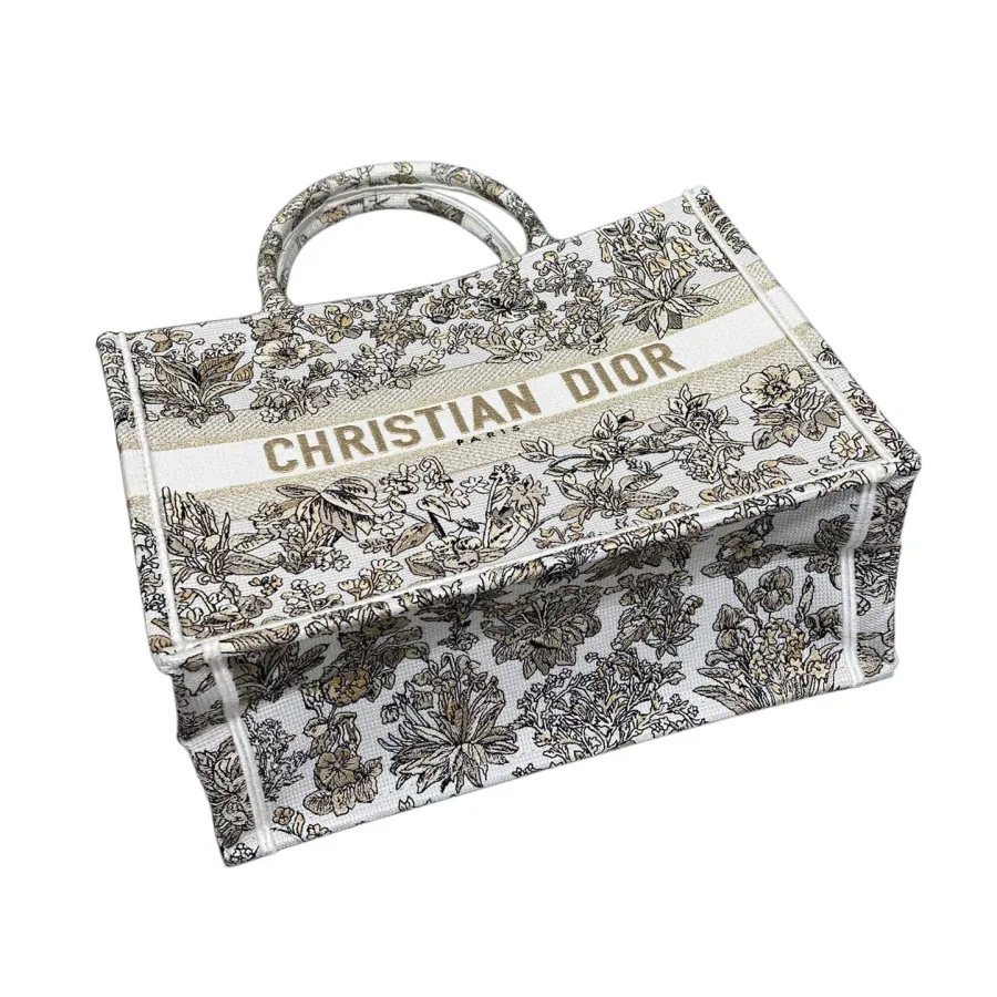 Dior Medium Book Tote White Embroidered with Metallic Thread and Gold Millefiori Unicorn Motif
