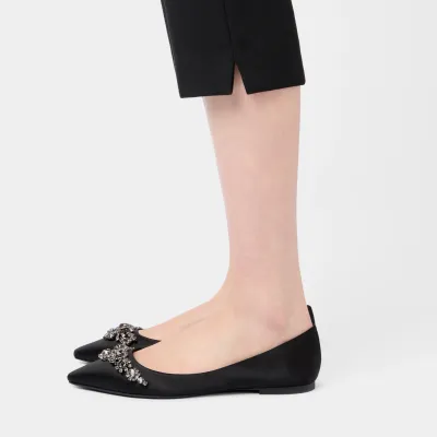 Roger Vivier Efflorescence Ballerinas In White/Black Satin With Crystal Flowers Buckle (Heel Height 1cm)