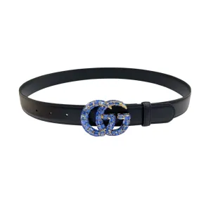 Gucci Women's GG Buckle With Crystals Marmont Thin Belt In Black/Red/Khaki/White/Grey/Green Smooth Calfskin With Gold/Silver Hardware 30mm