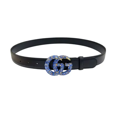 Gucci Women's GG Buckle With Crystals Marmont Thin Belt In Black/Red/Khaki/White/Grey/Green Smooth Calfskin With Gold/Silver Hardware 30mm