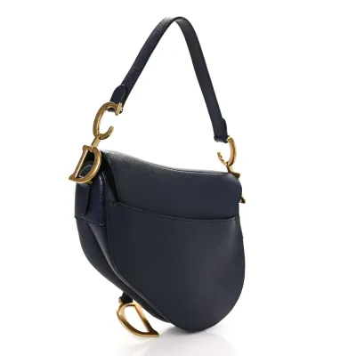 Dior Medium Saddle Bag Navy Blue Grained Calfskin Leather Gold Hardware