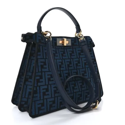 Fendi Medium FF Peekaboo I SEE U Satchel Blue/Black Chenille & Vitello Seta Leather Gold Hardware
