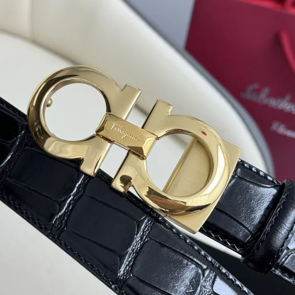 Ferragamo Men's Double Gancini Buckle Reversible Belt In Black Crocodile-Embossed Calfskin With Gold/Silver/Black Hardware 35mm - Image 2