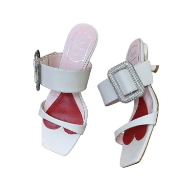Roger Vivier Viv' Rangers Mules Sandals In White/Black/Blue Leather With Crystal Buckle (Heel Height 5.5cm)