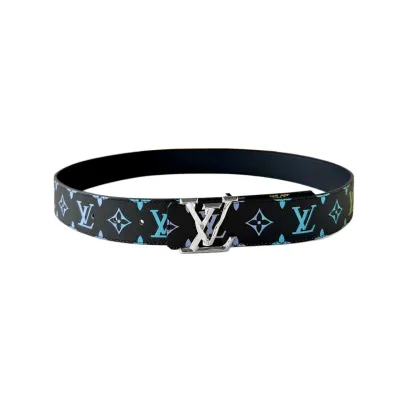 Louis Vuitton Men's Initiales Belt In Black/Blue/White/Dark Blue Monogram Canvas With Gold/Silver/Gun Black Hardware 40mm