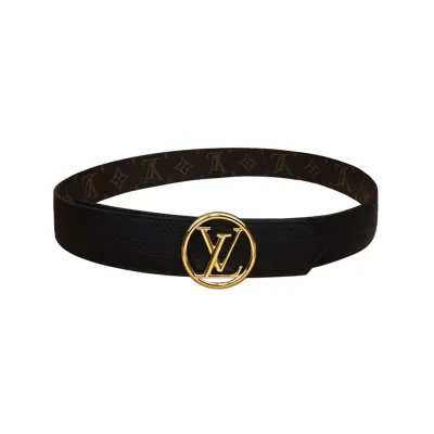 Louis Vuitton Women's Circle Buckle Belt In Black Calfskin And Monogram Canvas With Gold Hardware 35mm