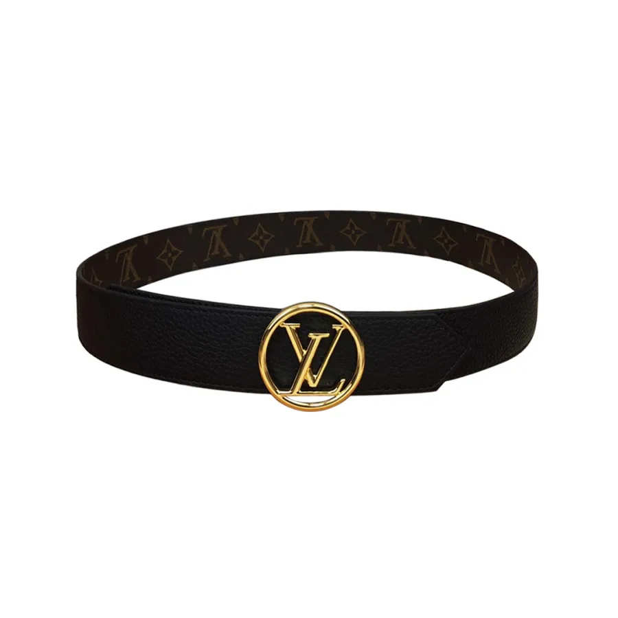 Louis Vuitton Women's Circle Buckle Belt In Black Calfskin And Monogram Canvas With Gold Hardware 35mm