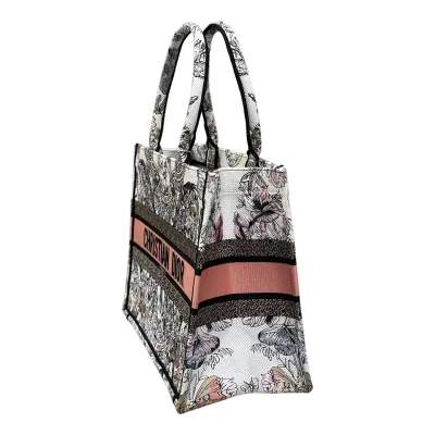 Dior Medium Book Tote White Pastel Pink Butterfly Around The World Embroidered Canvas
