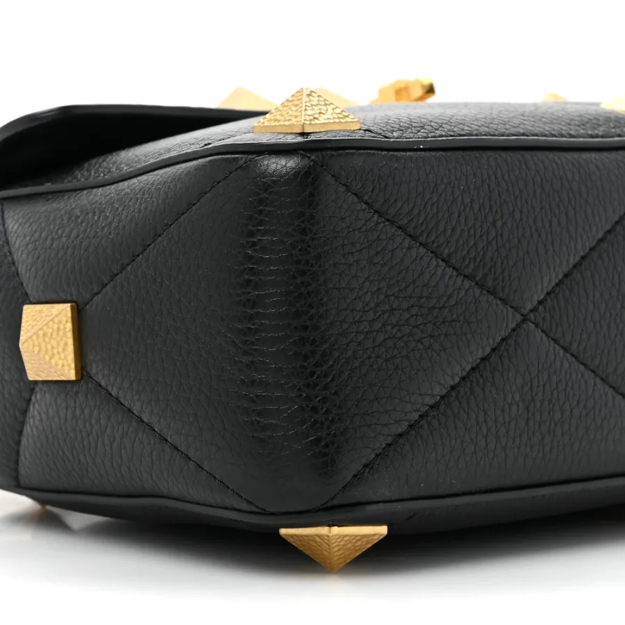 Valentino Garavani Large Roman Stud Shoulder Bag Black Grained Calfskin Leather Brass Hardware