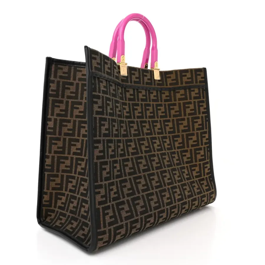 Fendi Large Fendace FF Medusa Studded Fendi Sunshine Shopper Tote (F x V) Marrone/Fuxia Jacquard Fabric, Calfskin Leather, & Plexiglass Gold Hardware