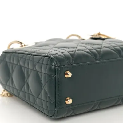 Dior Mini Lady Dior Dark Green Cannage Lambskin Leather Light Gold Hardware
