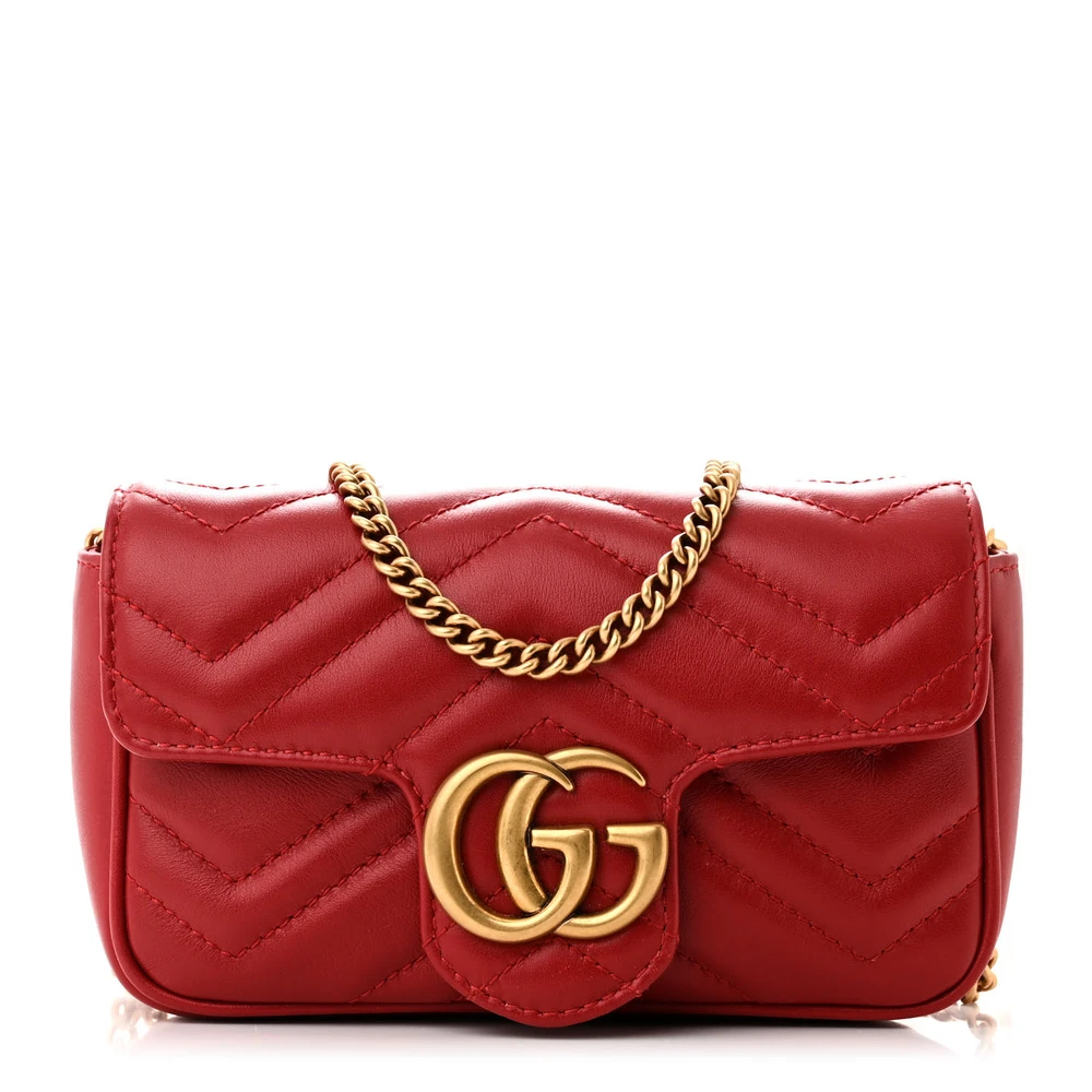 Gucci Super Mini GG Marmont Bolsa de Ombro Hibiscus Red Couro Bezerro Matelassé Hardware Dourado