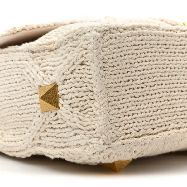 Valentino Garavani Large Roman Stud Shoulder Bag Ecru Knit Gold Hardware - Image 3