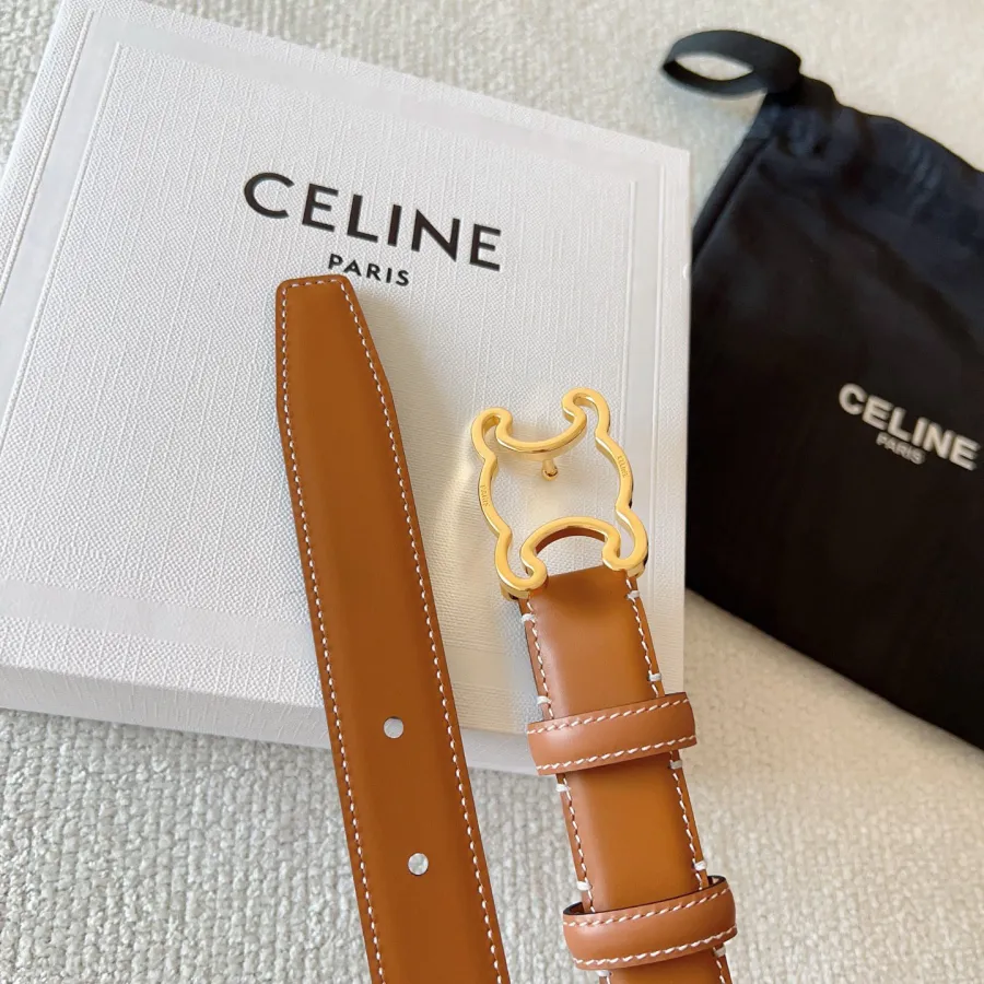 Celine Hollow Triomphe Buckle Belt In Black/White/Brown Calfskin With Gold Hardware 25mm