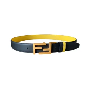 Fendi Men's Rectangled FF Buckle Reversible Belt In Black/Blue/Red/Yellow Calfskin With Gold/Silver/Gun Black Hardware 35mm