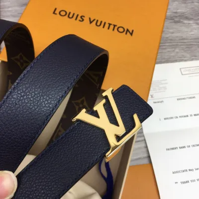 Louis Vuitton Women's Initiales Reversible Belt In Bkue/Black/Grey/Brown/Burgundy/Red/Pink Calfskin And Monogram Canvas With Gold Hardware 30mm