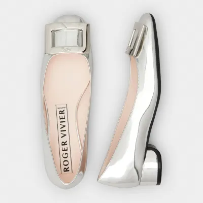 Roger Vivier U Look Ballerinas In Silver Calfskin Leather With Lacquered Buckle (Heel Height 2.5cm)