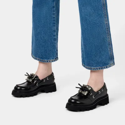 Roger Vivier Viv' Rangers Truck Boat Shoes Loafers In Black Leather With Crystal Buckle (Heel Height 4.5cm)
