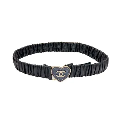 Chanel Women's Heart/CC Buckle Elastic Belt In Black Lambskin With Gold/Silver Hardware 30mm